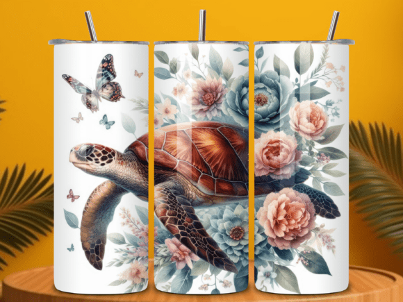 Embrace the Ocean's Elegance with the Floral 3D Sea Turtle Tumbler Wrap PNG