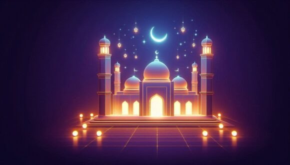 Explore the Beauty of 3D Digital Rendering of a Glowing Mosque