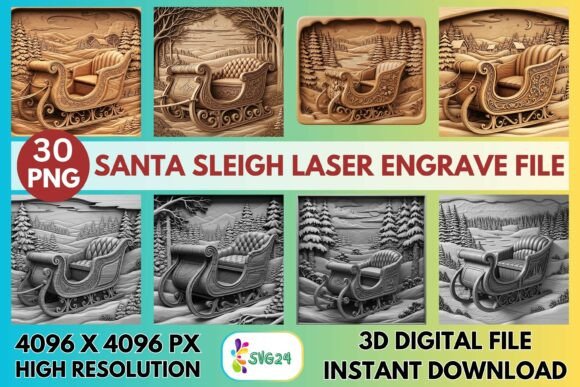 High-Quality 3D Santa Sleigh PNGs for Engraving